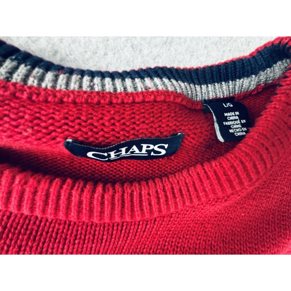 Chaps Ralph Lauren Sweater Men's Large Red Cable Knit Pullover Embroidered Crest - Picture 4 of 9